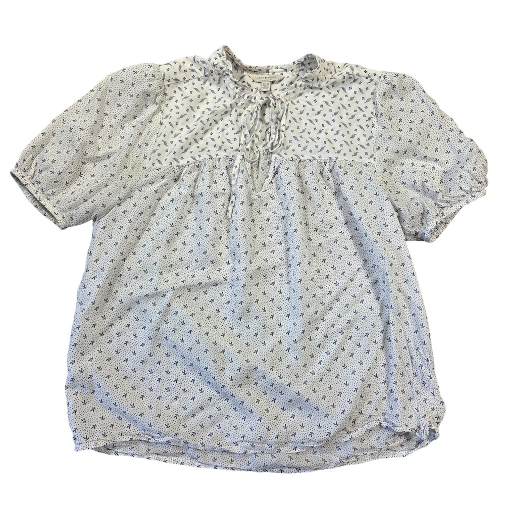Lucky Brand Womens XS White Floral Mixed Print Modal Peasant Tie‎ Neck Blouse